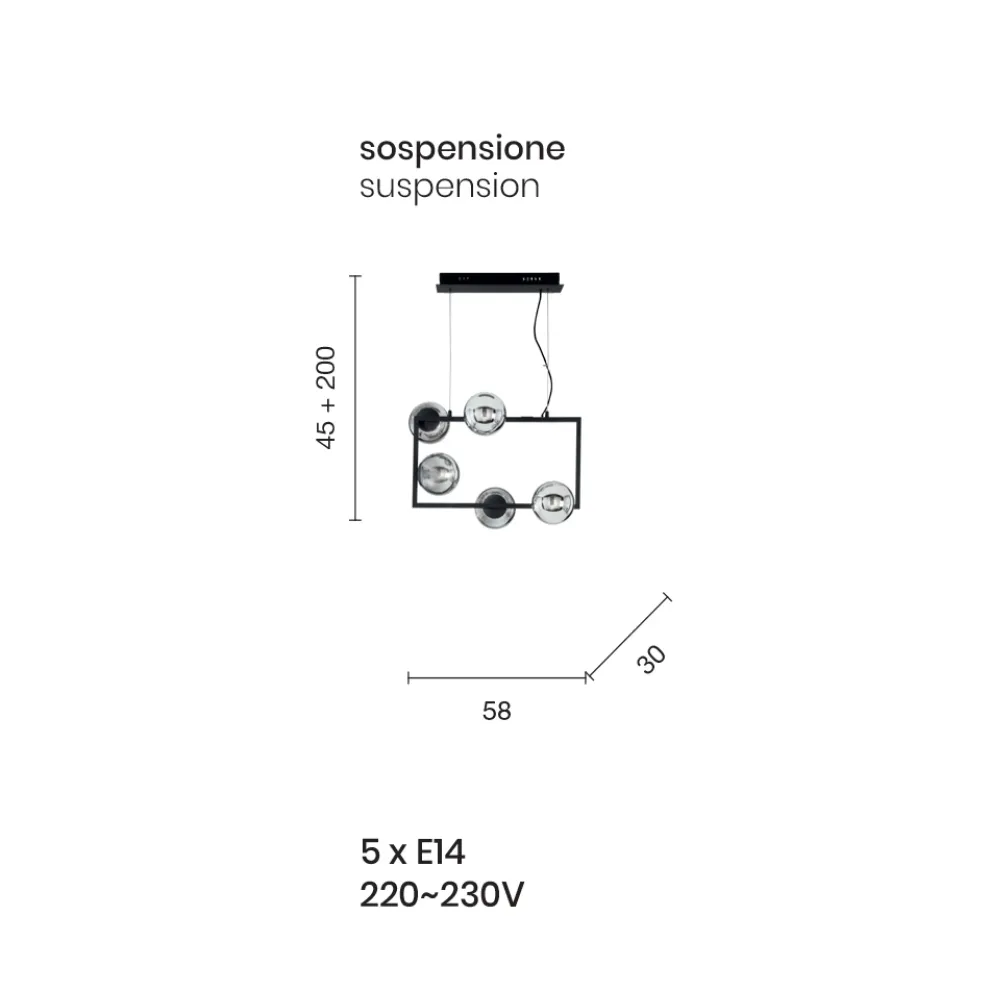 Pendelleuchte mit 5 Lichtern aus Metall und modernem mundgeblasenem Glas - Birga