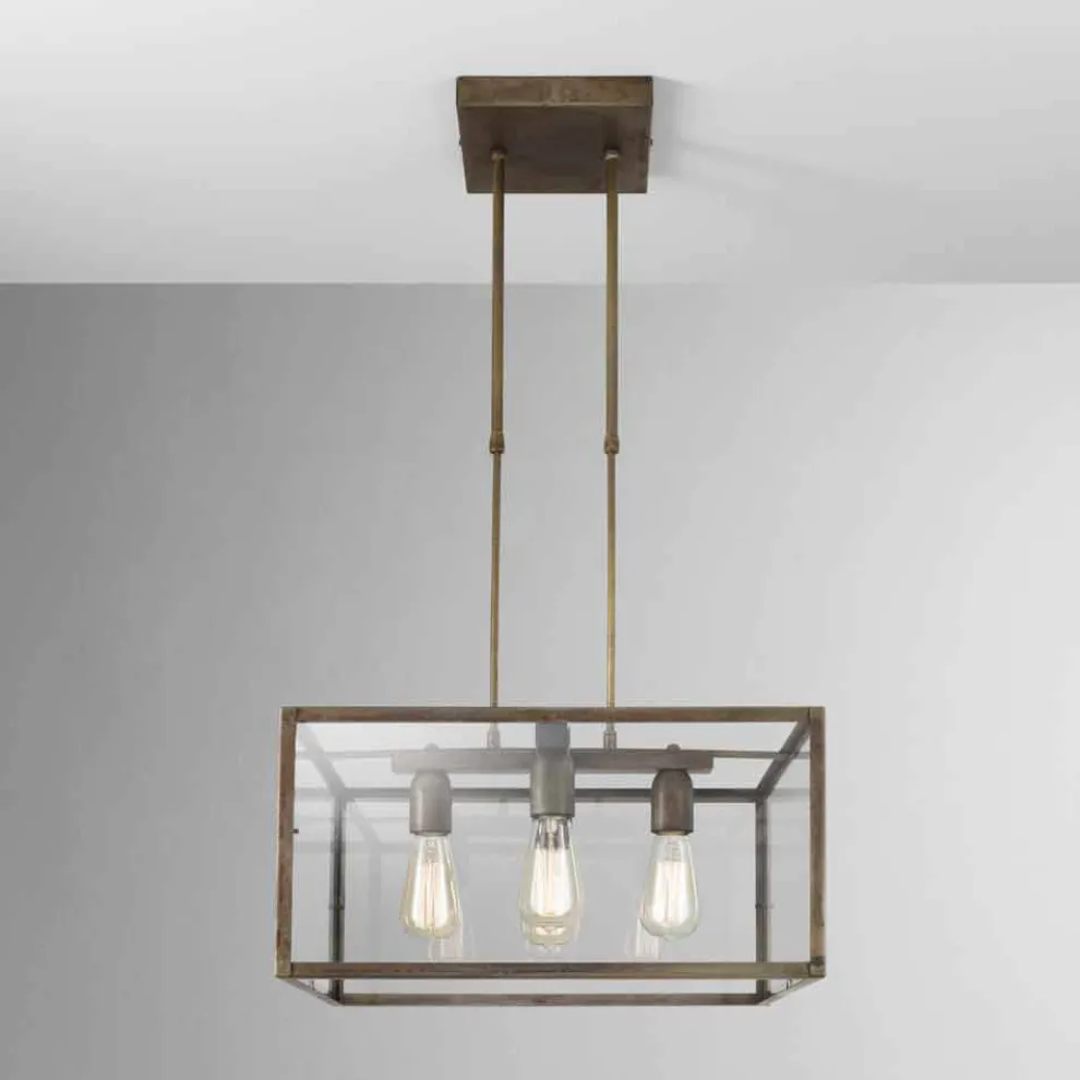 Pendelleuchte quadratisch aus Eisen und Glas 4 flammig London Il Fanale