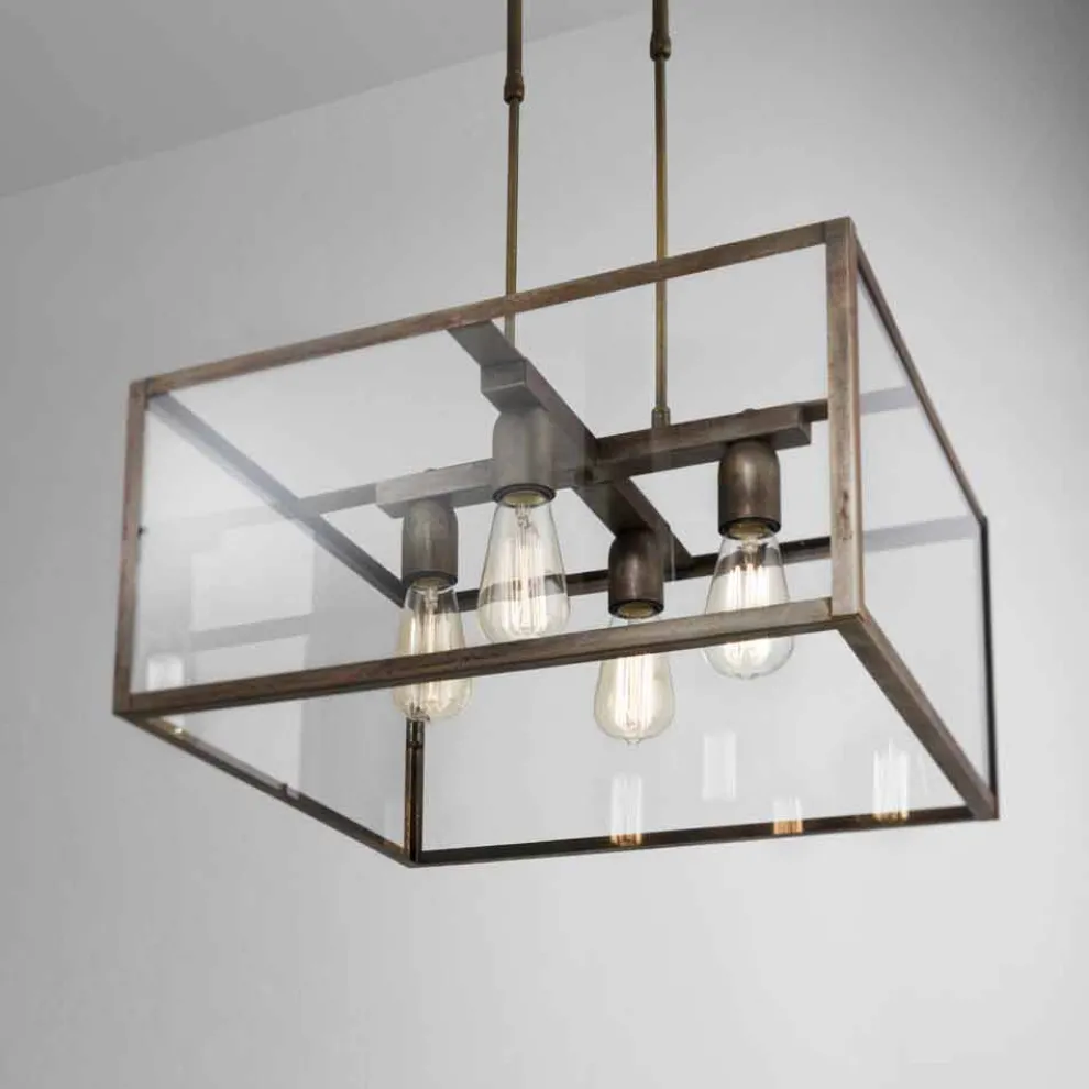Pendelleuchte quadratisch aus Eisen und Glas 4 flammig London Il Fanale