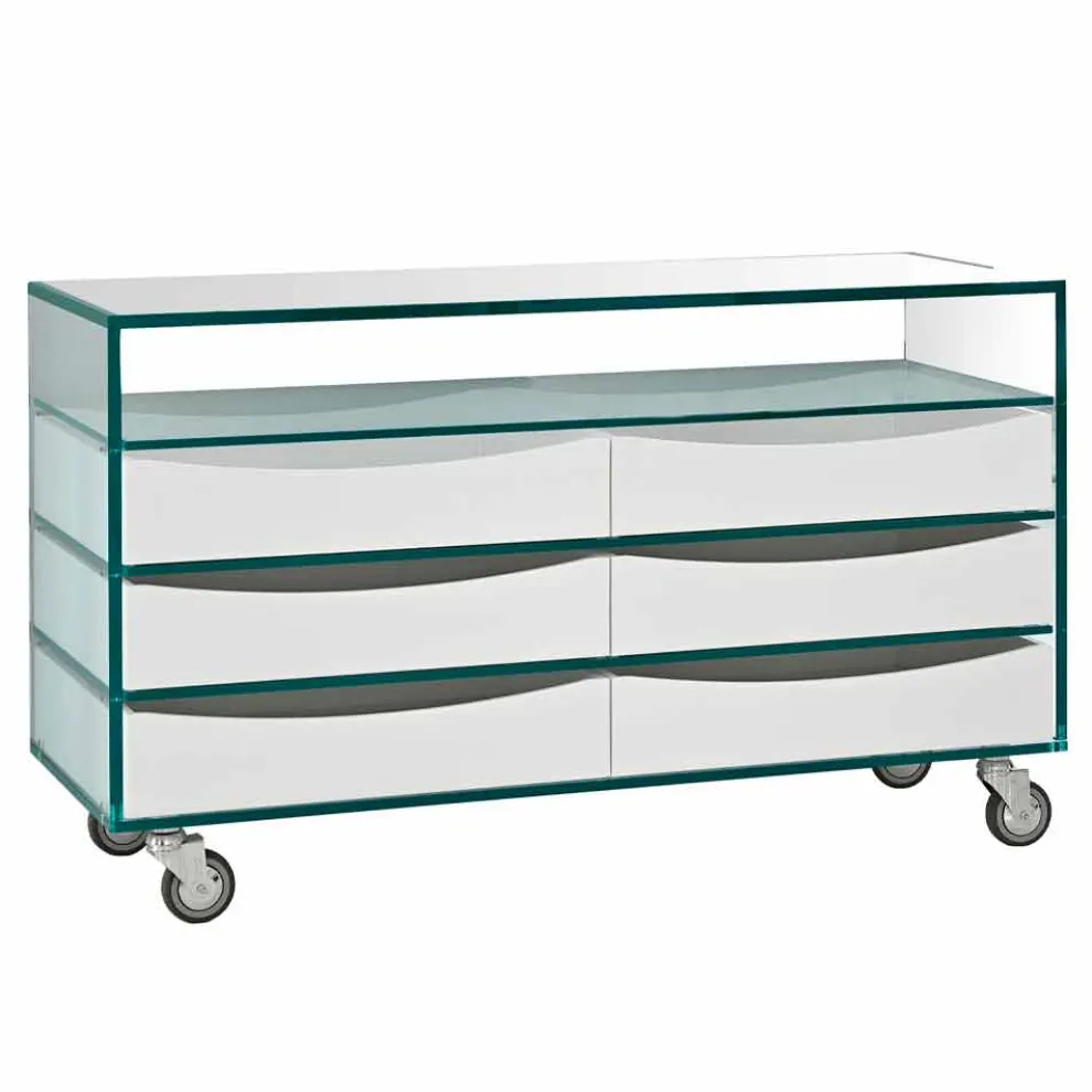 Kommode aus extraklarem Glas mit sechs Schubladen aus weißem Holz Made in Italy - Ganzo