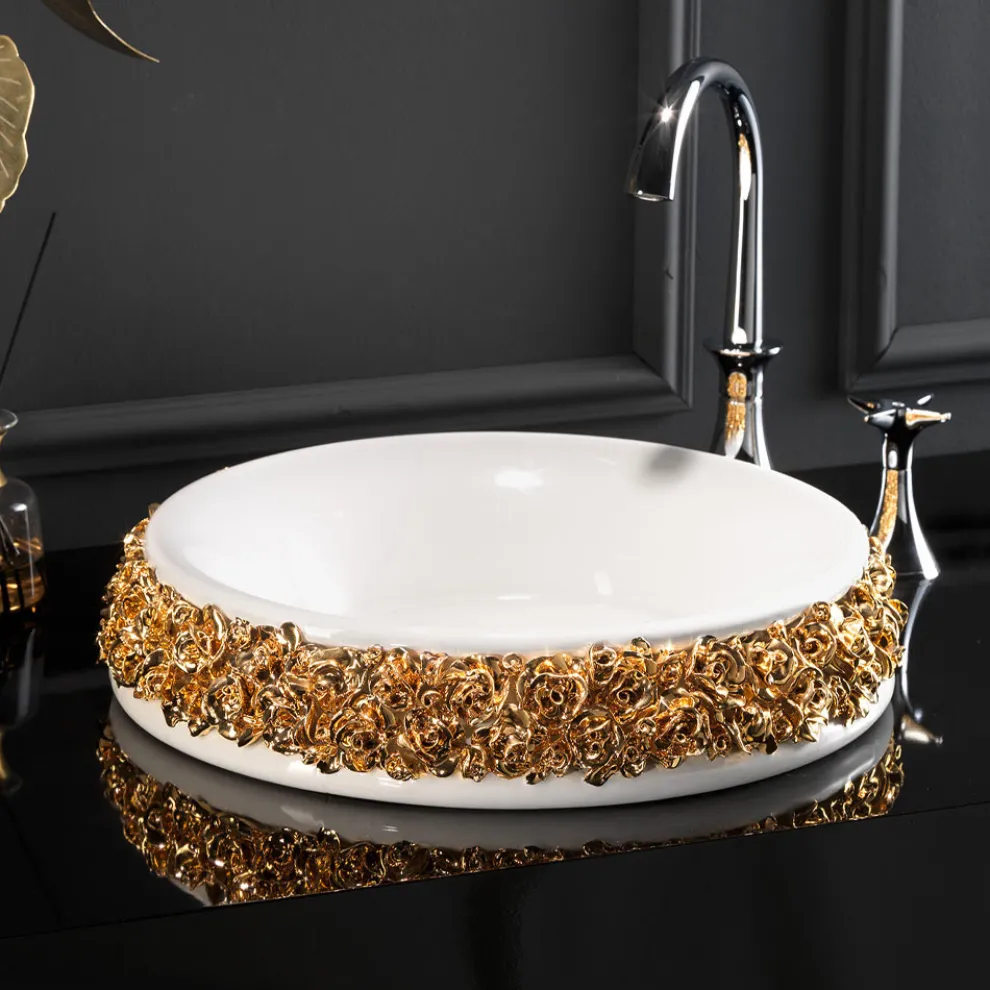 Porzellanwaschbecken mit handapplizierten Blütenblättern, hergestellt in Italien – Amarone