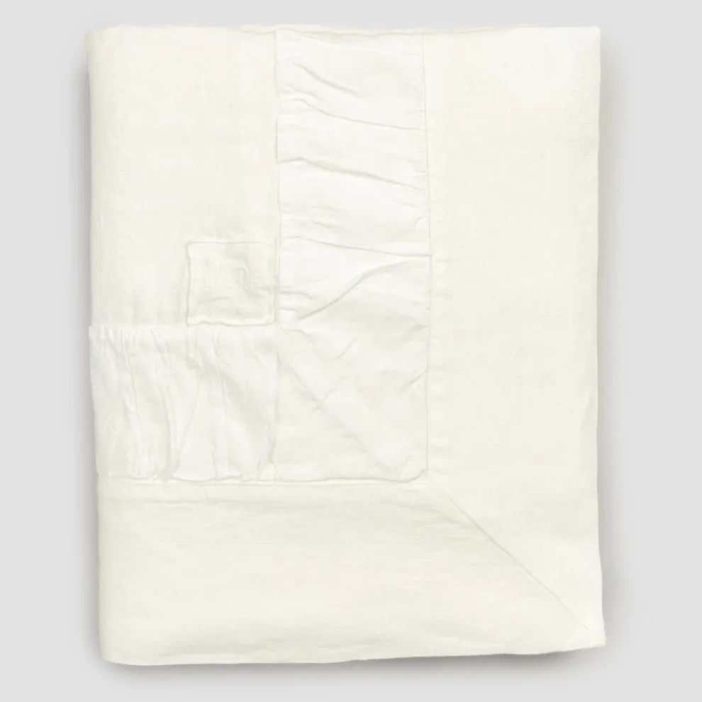 Rechteckige Tischdecke aus weißem Leinen, Rahmen und geprägter Kantenfalte - Mippel