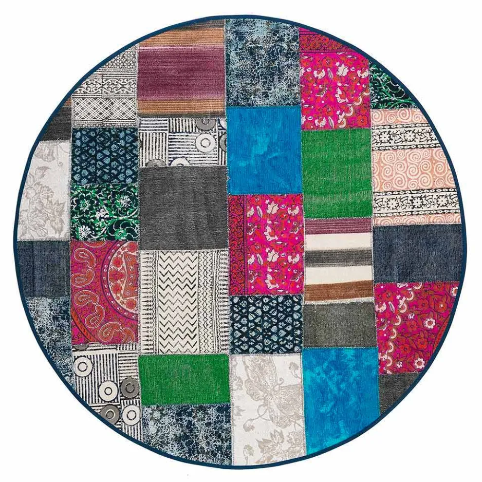 Runder Ethno-Teppich aus farbigem Baumwollstoff - Faser
