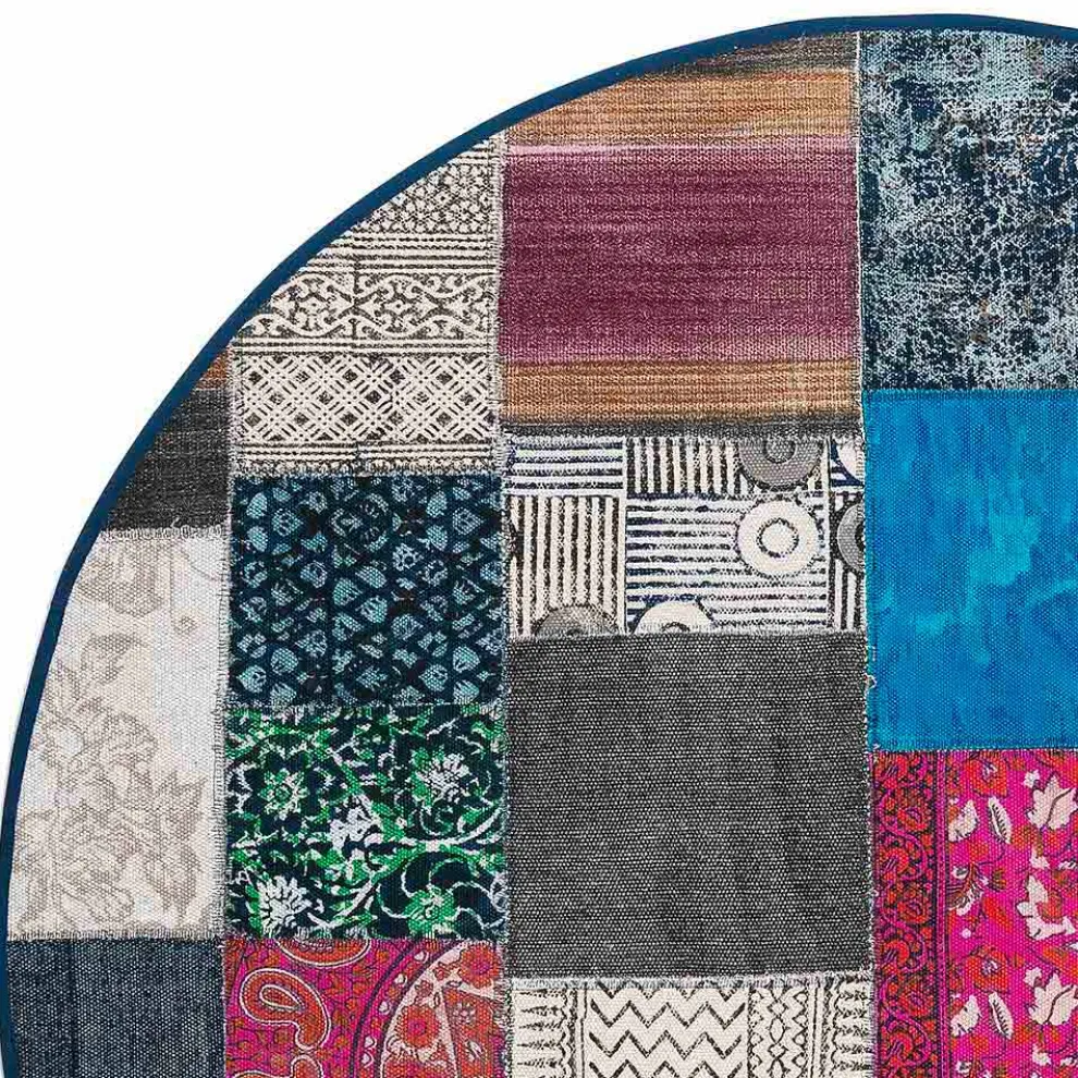 Runder Ethno-Teppich aus farbigem Baumwollstoff - Faser