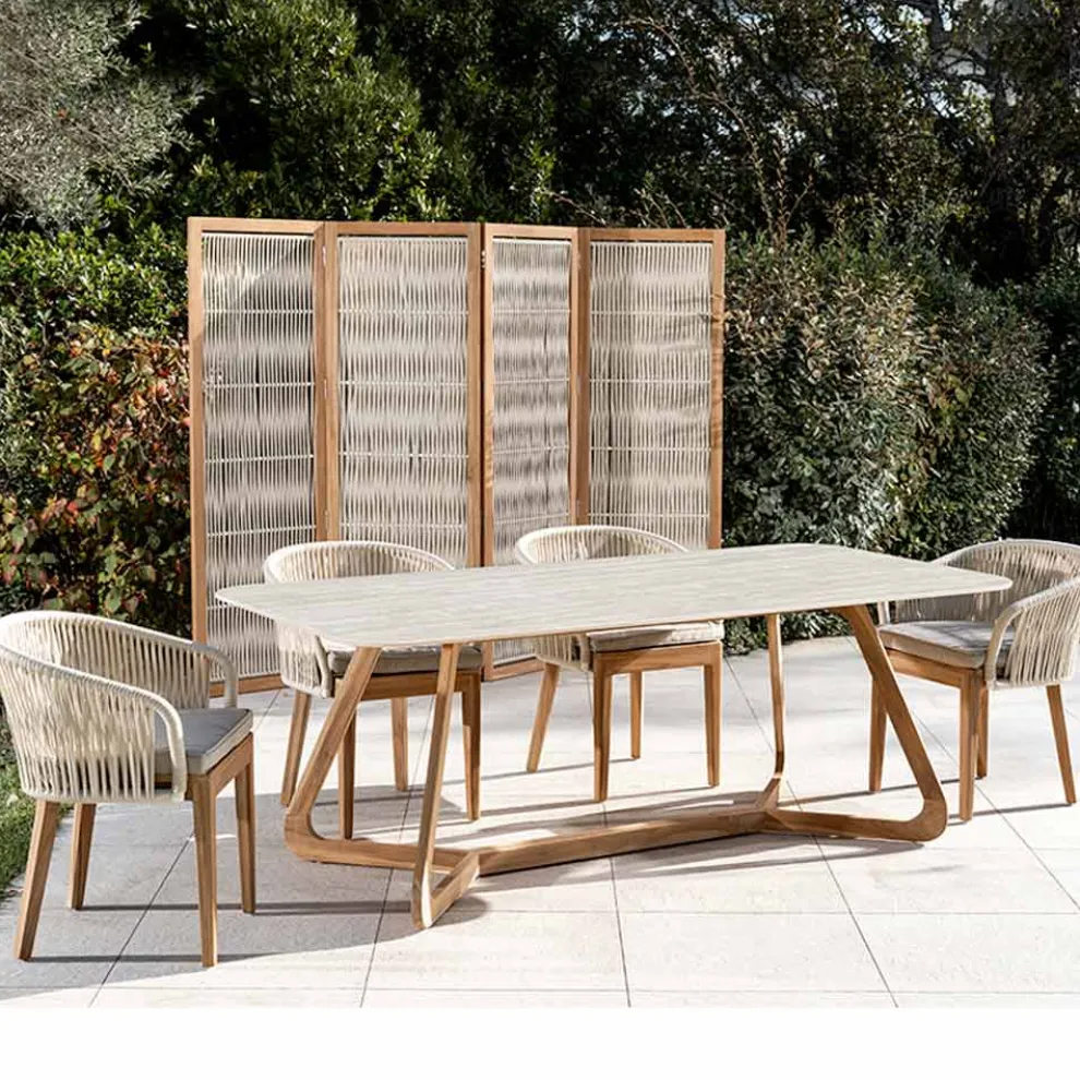 Tisch mit Holzsockel und Keramikplatte aus Travertino Chiaro - Infinity