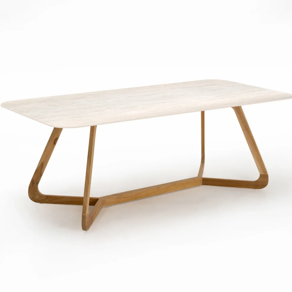 Tisch mit Holzsockel und Keramikplatte aus Travertino Chiaro - Infinity