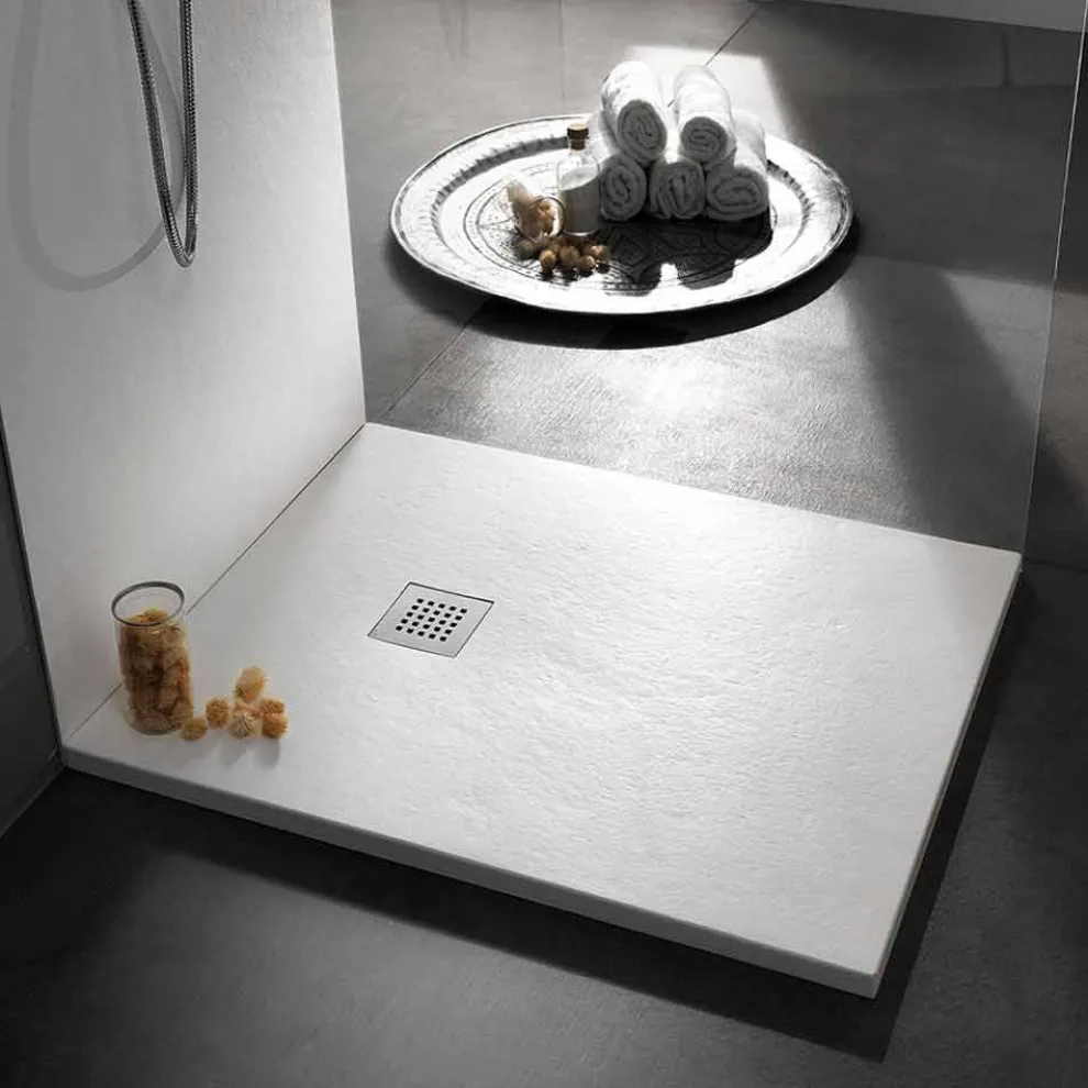 Quadratische Duschwanne 80x80 aus Harz mit modernem Stein-Effekt-Finish - Domio