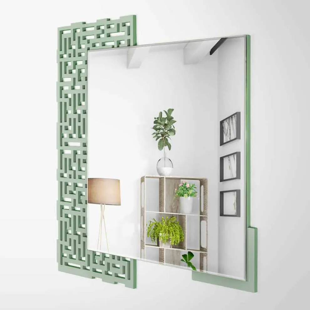 Quadratischer Wandspiegel des modernen Designs in verziertem grünem Holz - Labyrinth