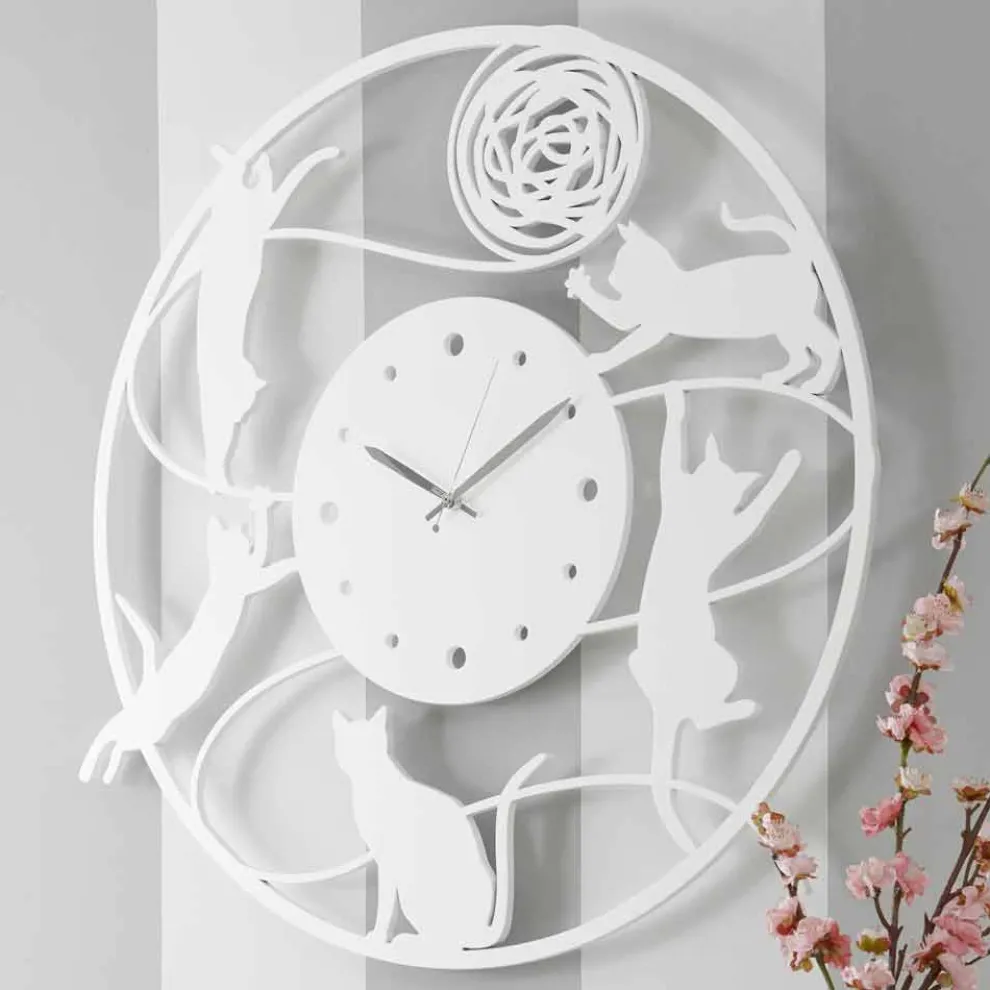 Große moderne runde farbig verzierte Wanduhr - Cat