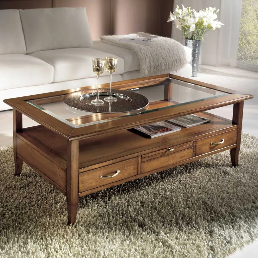 Rechteckiger Couchtisch mit 4 Schubladen und 2 Holzgriffen, hergestellt in Italien – Ade