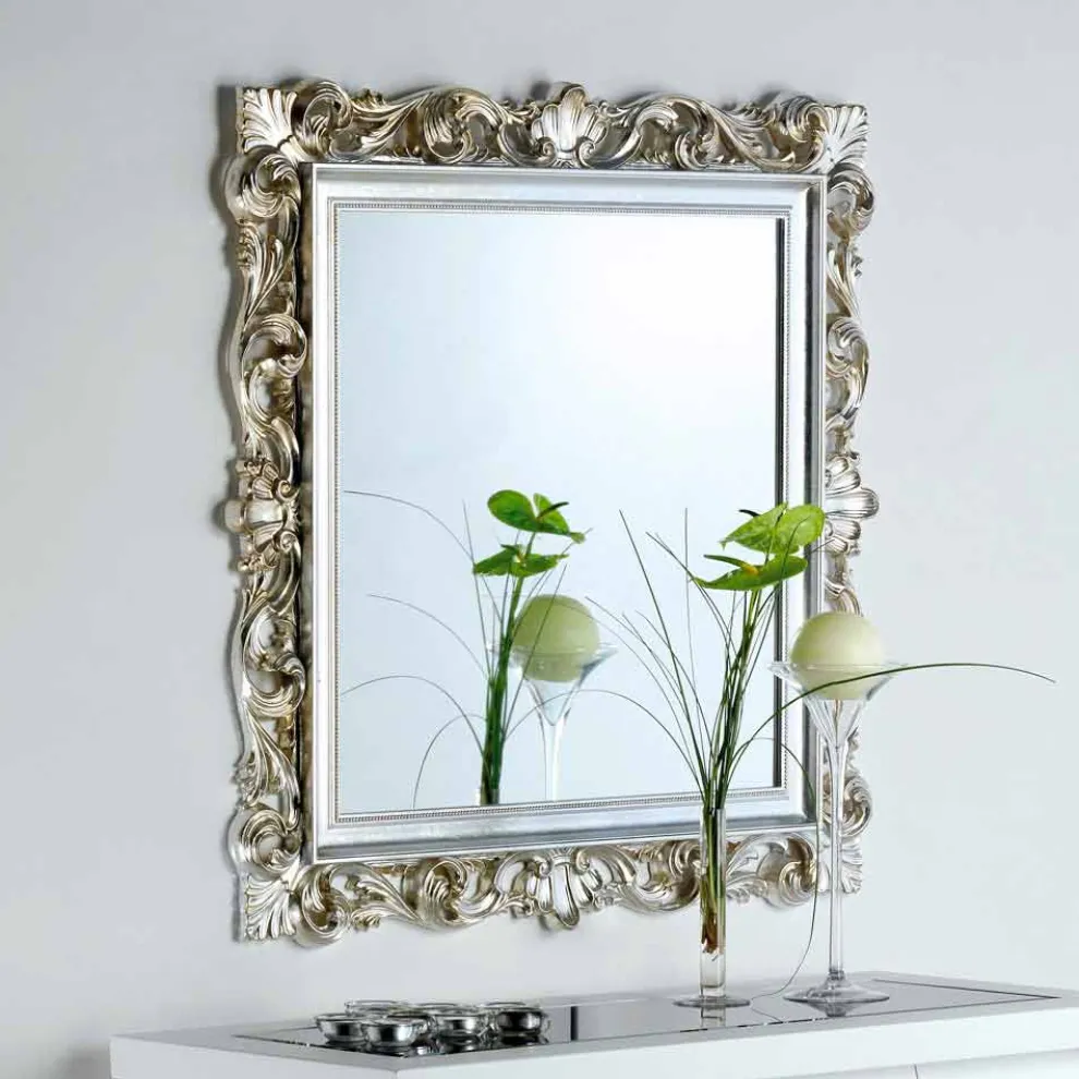 Repro Wandspiegel Altsilber mit ornamentreichen Spiegelrahmen 98x98 Marsy