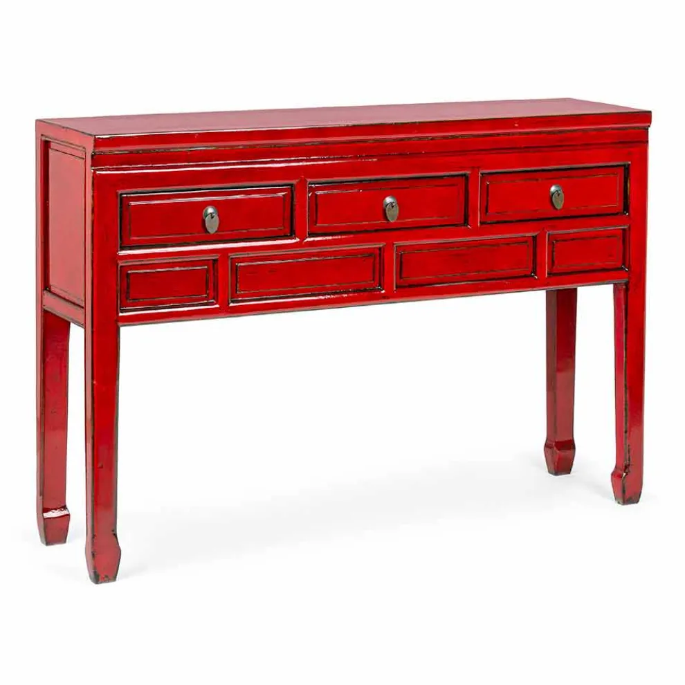 Rote Konsole aus Ulmenholz mit 3 Schubladen Vintage Design Homemotion - Sonten