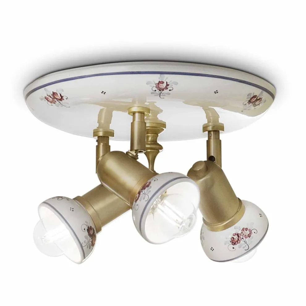 Runde Deckenleuchte 3 Strahler aus Messing und handbemalter Keramik - Savona