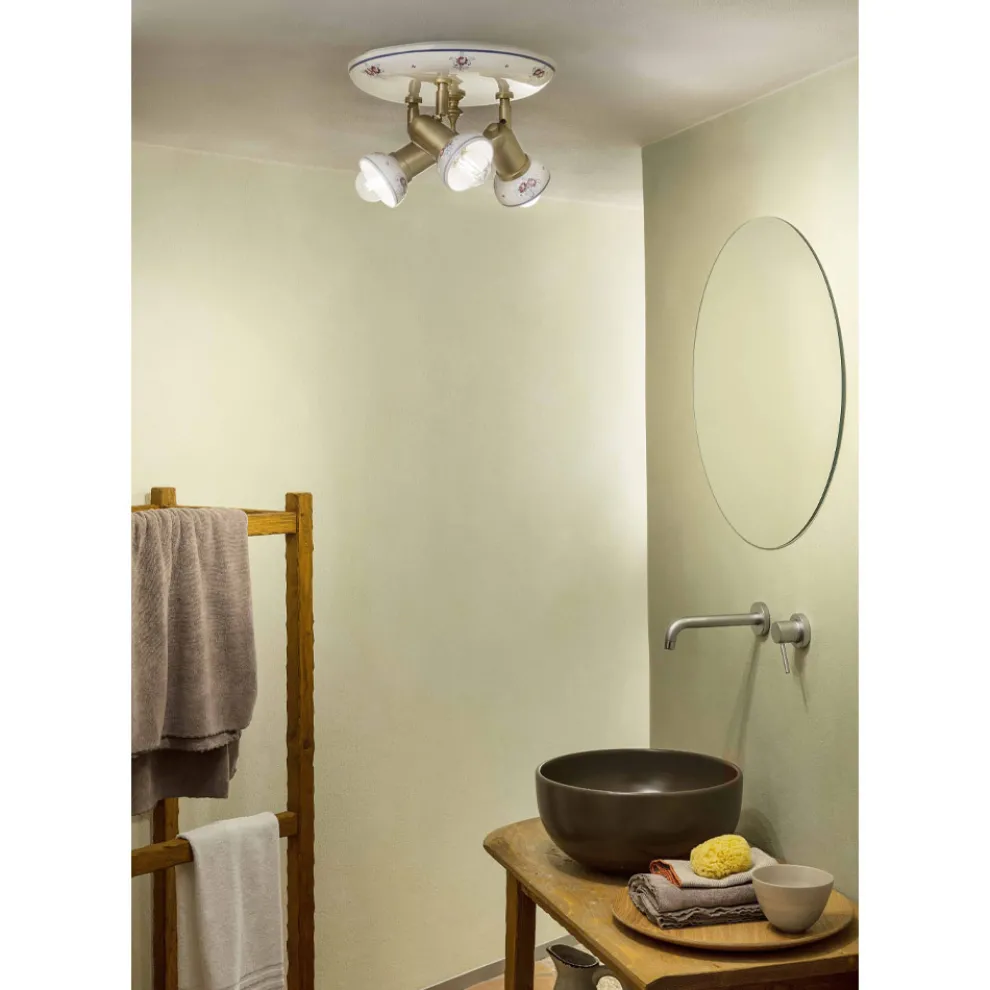 Runde Deckenleuchte 3 Strahler aus Messing und handbemalter Keramik - Savona