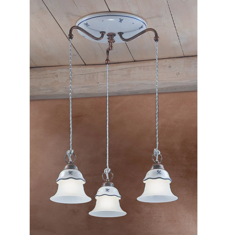 Runde Hängelampe aus Eisen, Glas, handbemalter Keramik - Ferrara