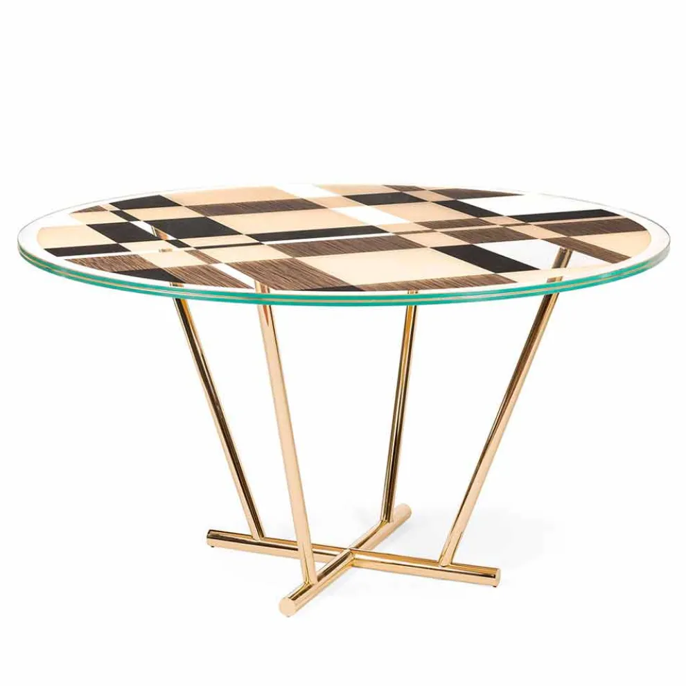 Runder Couchtisch Ozzy mit Glasplatte und Intarsien, italienisches Design