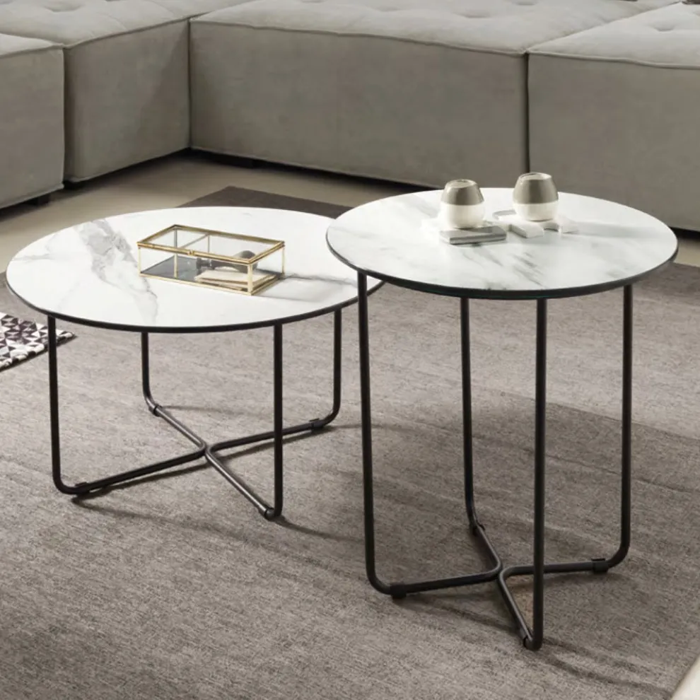 Runder Couchtisch aus Glas mit Marmoreffekt Made in Italy - Miguel