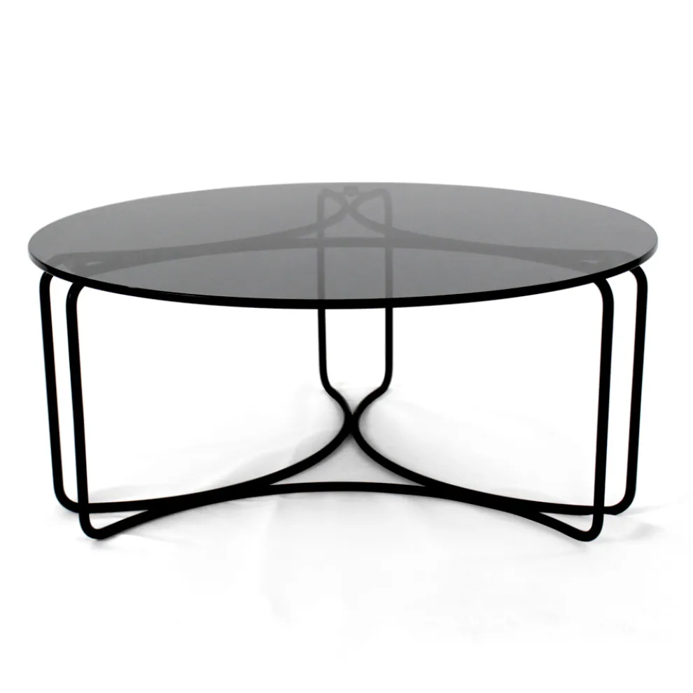 Runder Couchtisch aus Glas mit 3-halbmondförmigem Fuß, hergestellt in Italien – Arepa