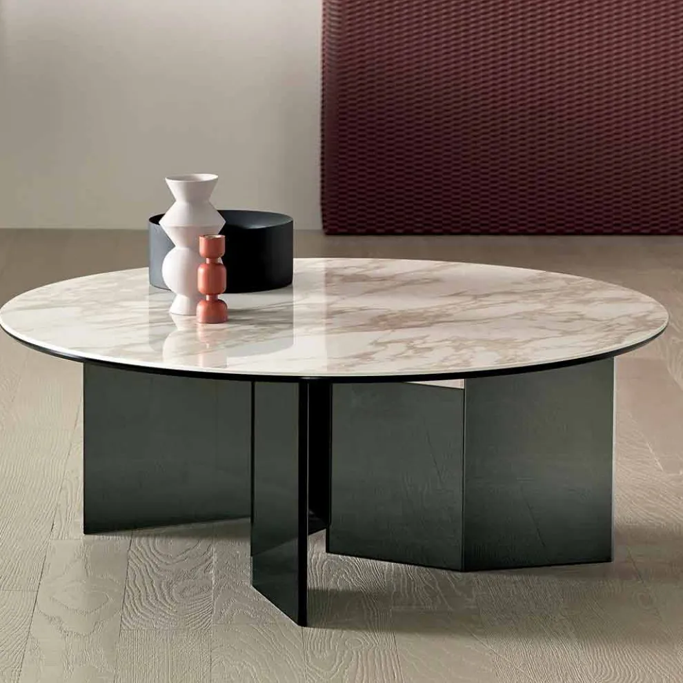 Runder Couchtisch mit Keramikplatte und Rauchglasbeinen - Random