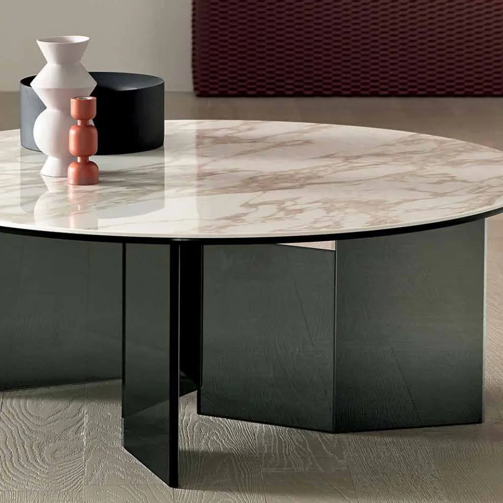 Runder Couchtisch mit Keramikplatte und Rauchglasbeinen - Random