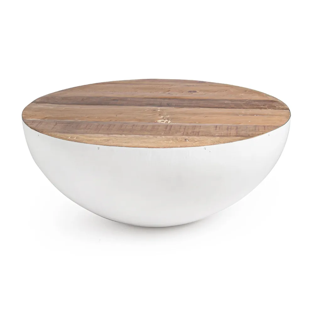 Runder Couchtisch aus recyceltem Holz und Stahl weiß oder grau - Genoveffa