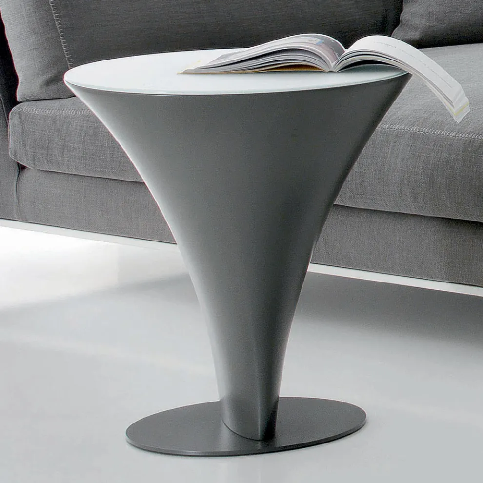 Runder Couchtisch Bootsform aus Metall und geätztem Glas - Boarding