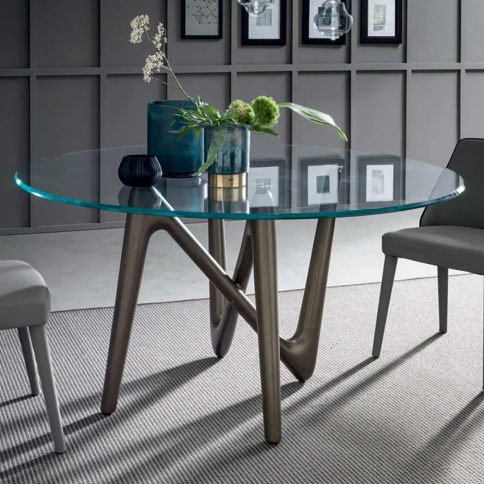 Runder Esstisch aus transparentem Glas und Polyurethanbeinen - Stalto