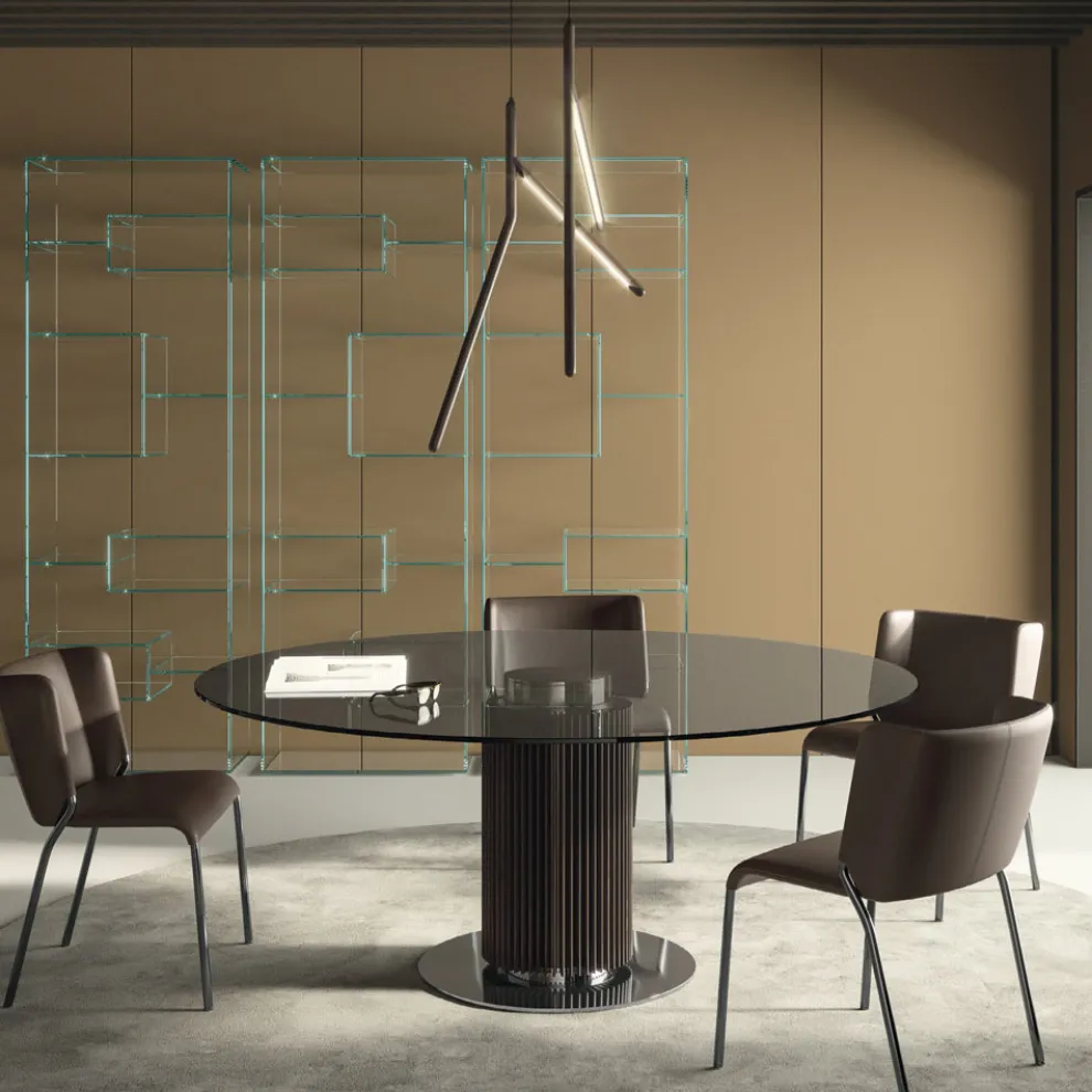 Runder Esstisch aus Rauchglas mit Holzsockel Made in Italy - Rondo