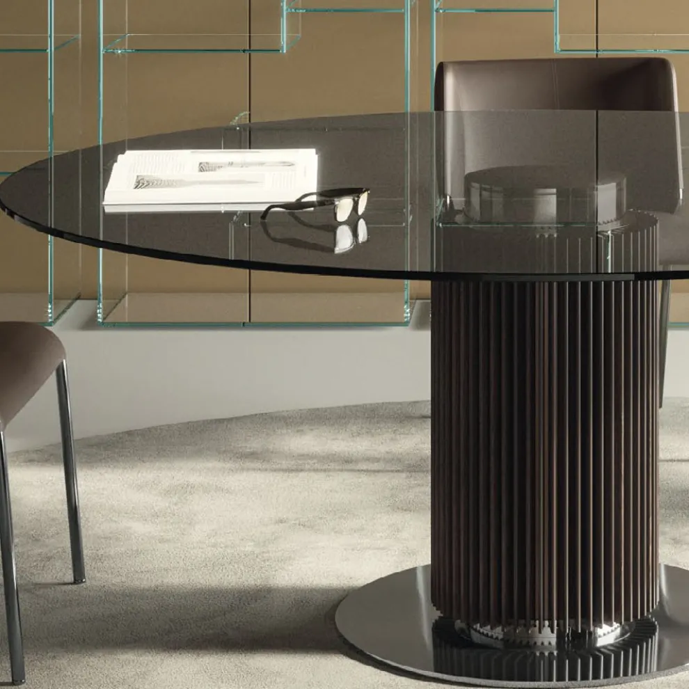 Runder Esstisch aus Rauchglas mit Holzsockel Made in Italy - Rondo