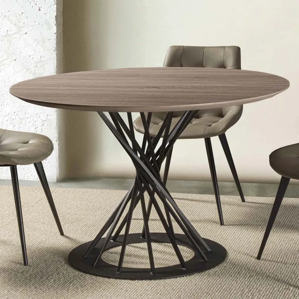 Runder Esstisch mit laminierter Holzplatte und Stahlsockel - Mileto