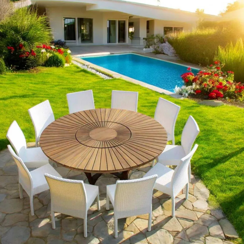 Runder Gartentisch mit Drehplatte aus Teak und Massivholz