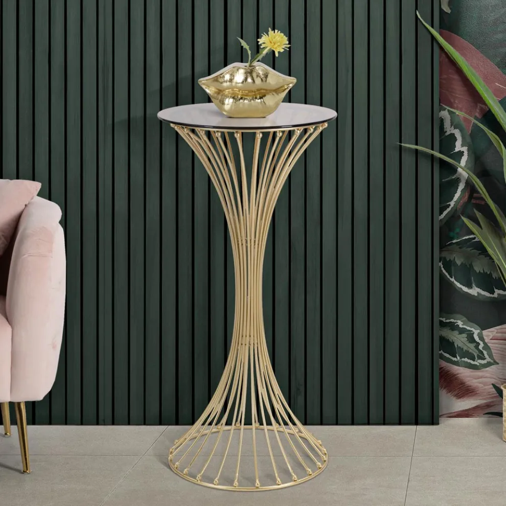 Runder hoher Couchtisch aus goldenem Eisen mit Kugeln und Rauchglasplatte - Dexter