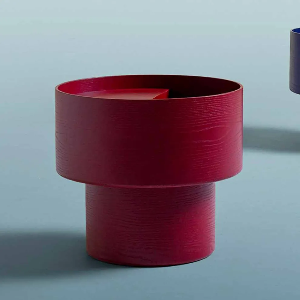 Runder Nachttisch in modernem Design aus bordeauxrotem oder blauem Holz – Vinnie