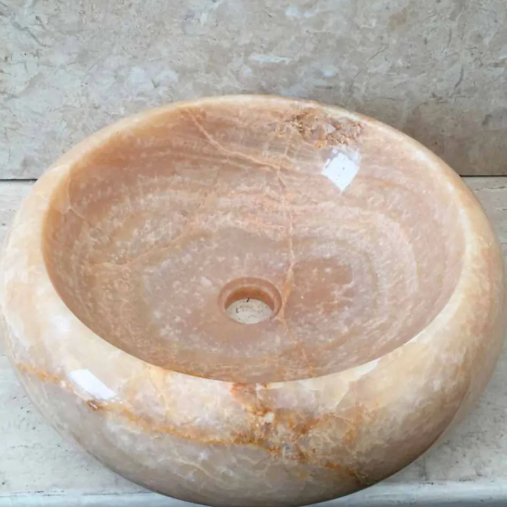 Runder Onyx-Aufsatzbecken Arlie im modernen Design, handgefertigtes Waschbecken