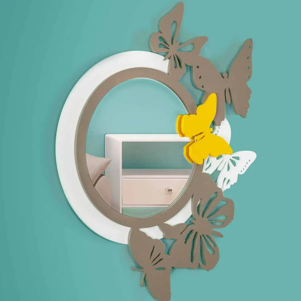 Runder Spiegel aus modernem Design aus farbigem Holz mit Schmetterlingen - Beat