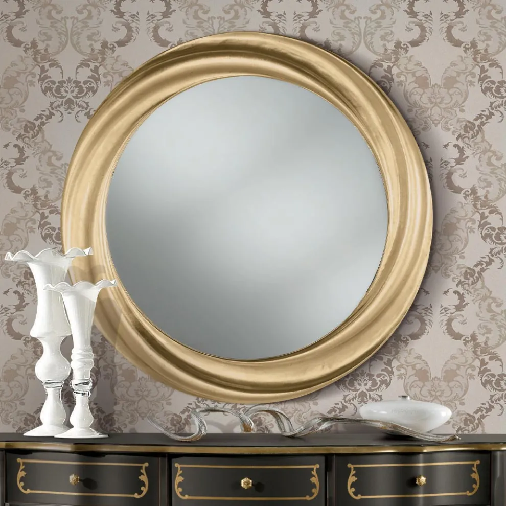 Runder Spiegel mit luxuriösem goldenem Holzrahmen Made in Italy - Adelin