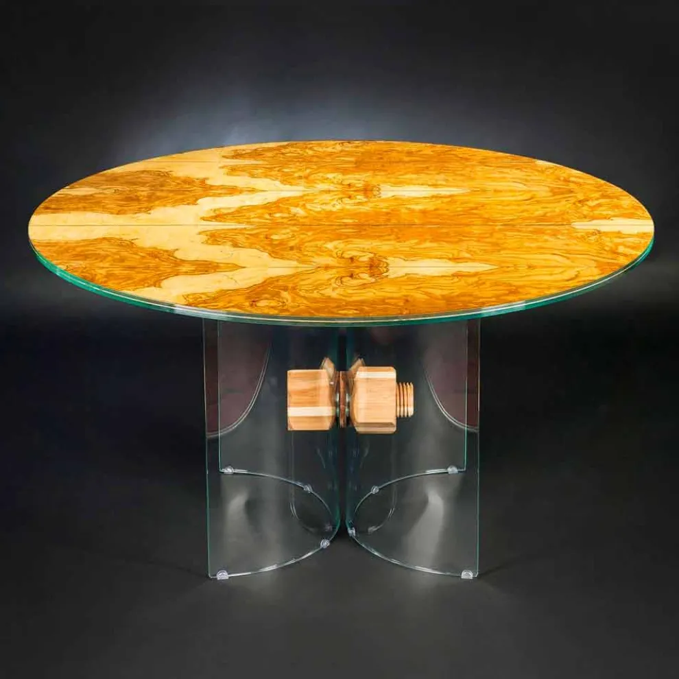 Runder Tisch aus Olivenbaumholz und Glas Portofino
