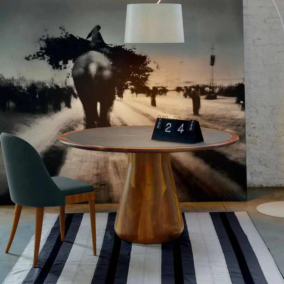 Runder Tisch mit Tischplatte, massives natürliches Nussholz, Carlo