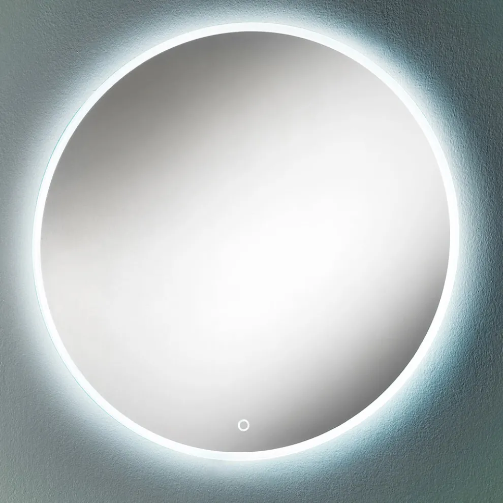 Runder Wandspiegel mit sandgestrahltem Rand und LED-Hintergrundbeleuchtung – Knopf