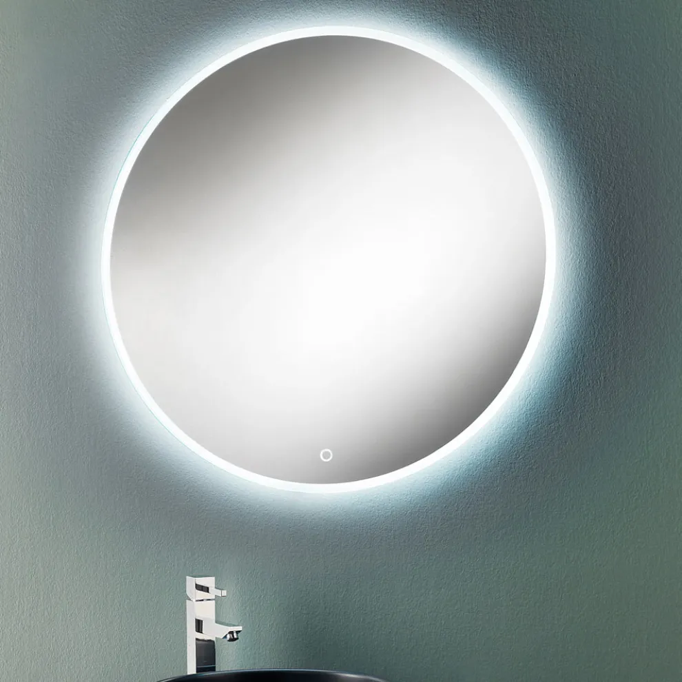 Runder Wandspiegel mit sandgestrahltem Rand und LED-Hintergrundbeleuchtung – Knopf