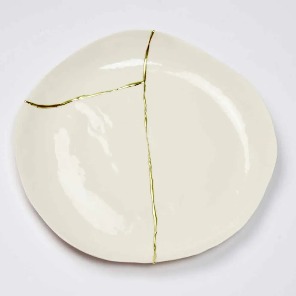 Rundes Valet-Tablett aus weißem Porzellan und Blattgold - Cicatroro
