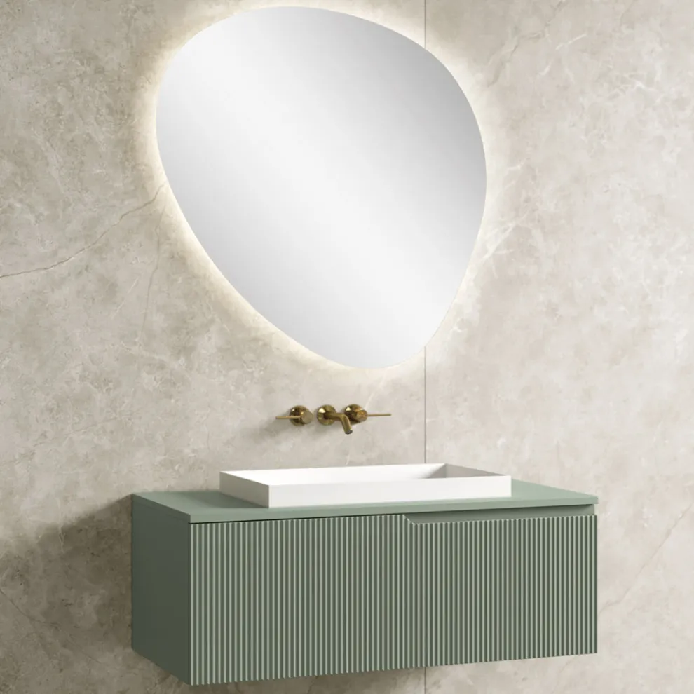 Salbeigrüne Badezimmerkomposition mit Waschbecken aus Kunstharz, hergestellt in Italien – Artemide