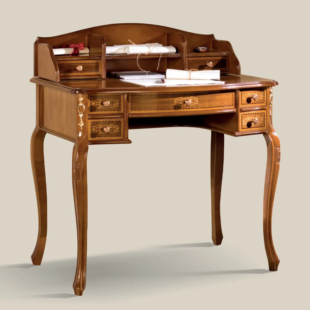 Schreibtisch 7 Schubladen Walnussholz mit Intarsien Made in Italy - Katerine