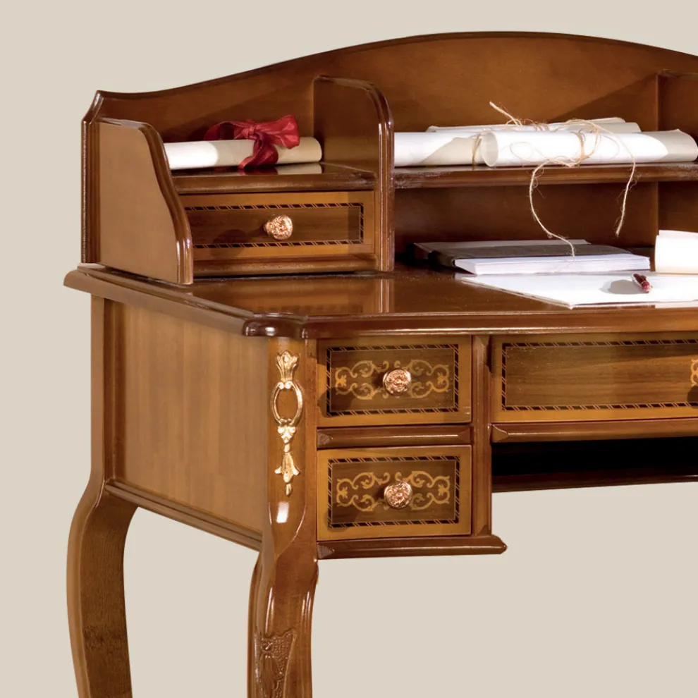 Schreibtisch 7 Schubladen Walnussholz mit Intarsien Made in Italy - Katerine