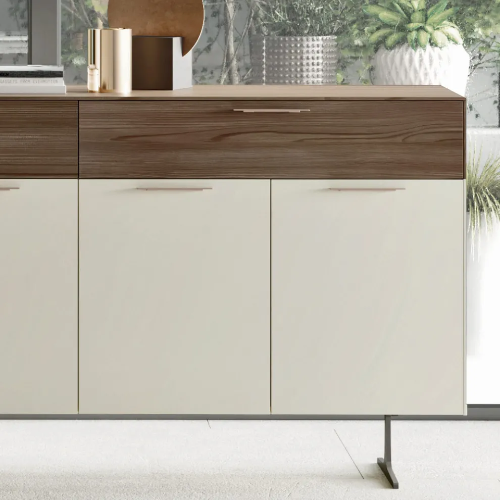 Sideboard aus ökologischem Holz mit 4 Türen mit Schubladen und Eschenplatte - Tamara