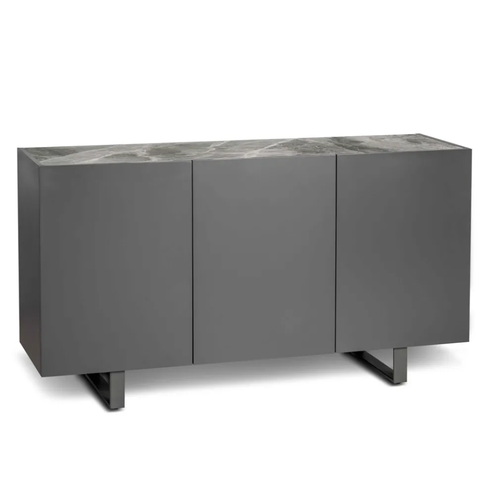 Sideboard aus MDF, Tischplatte aus Keramik in grauer Marmoroptik mit 3 Push-Pull-Click-Türen