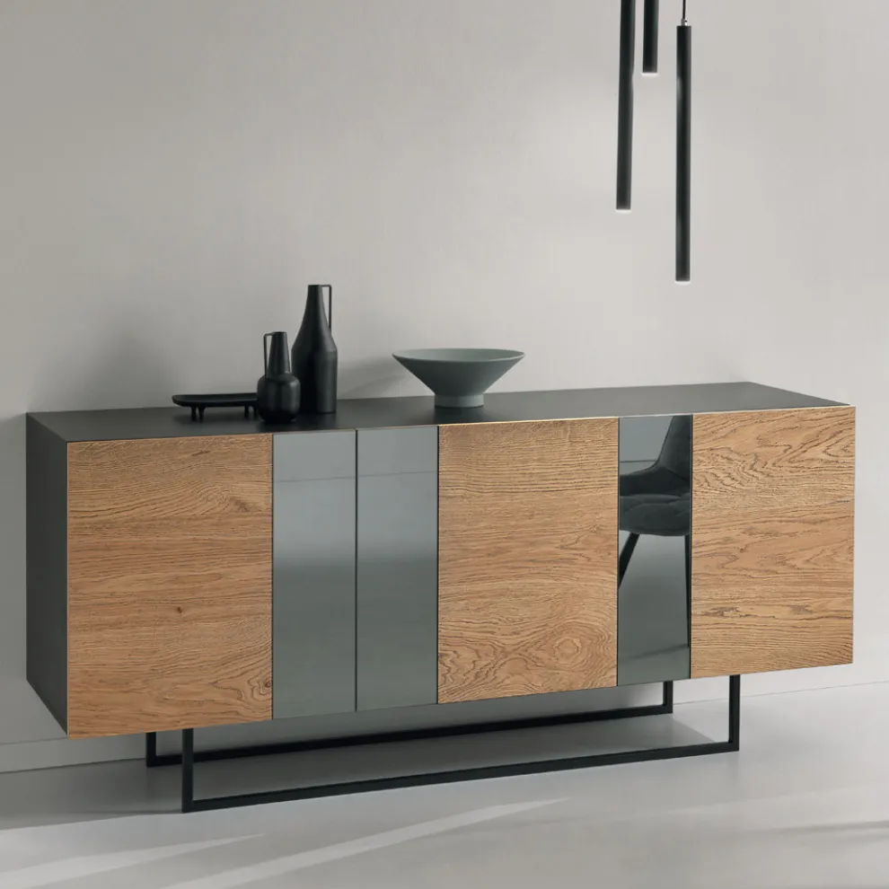 Sideboard aus Melamin mit 3 Eichentüren und Spiegel Made in Italy - Romina