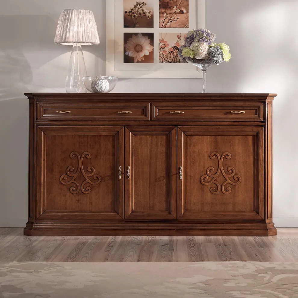 Sideboard aus patiniertem Walnussholz mit Liliendekor, hergestellt in Italien – Kirsche