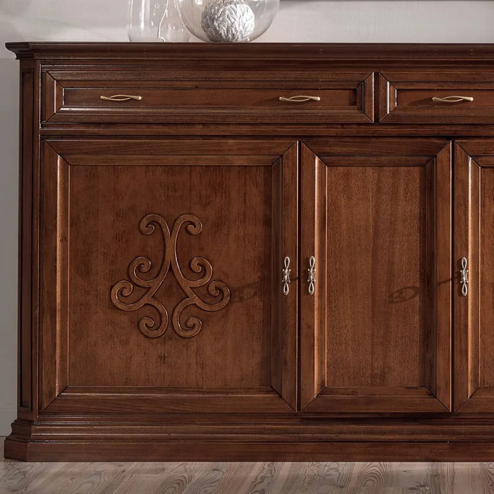 Sideboard aus patiniertem Walnussholz mit Liliendekor, hergestellt in Italien – Kirsche