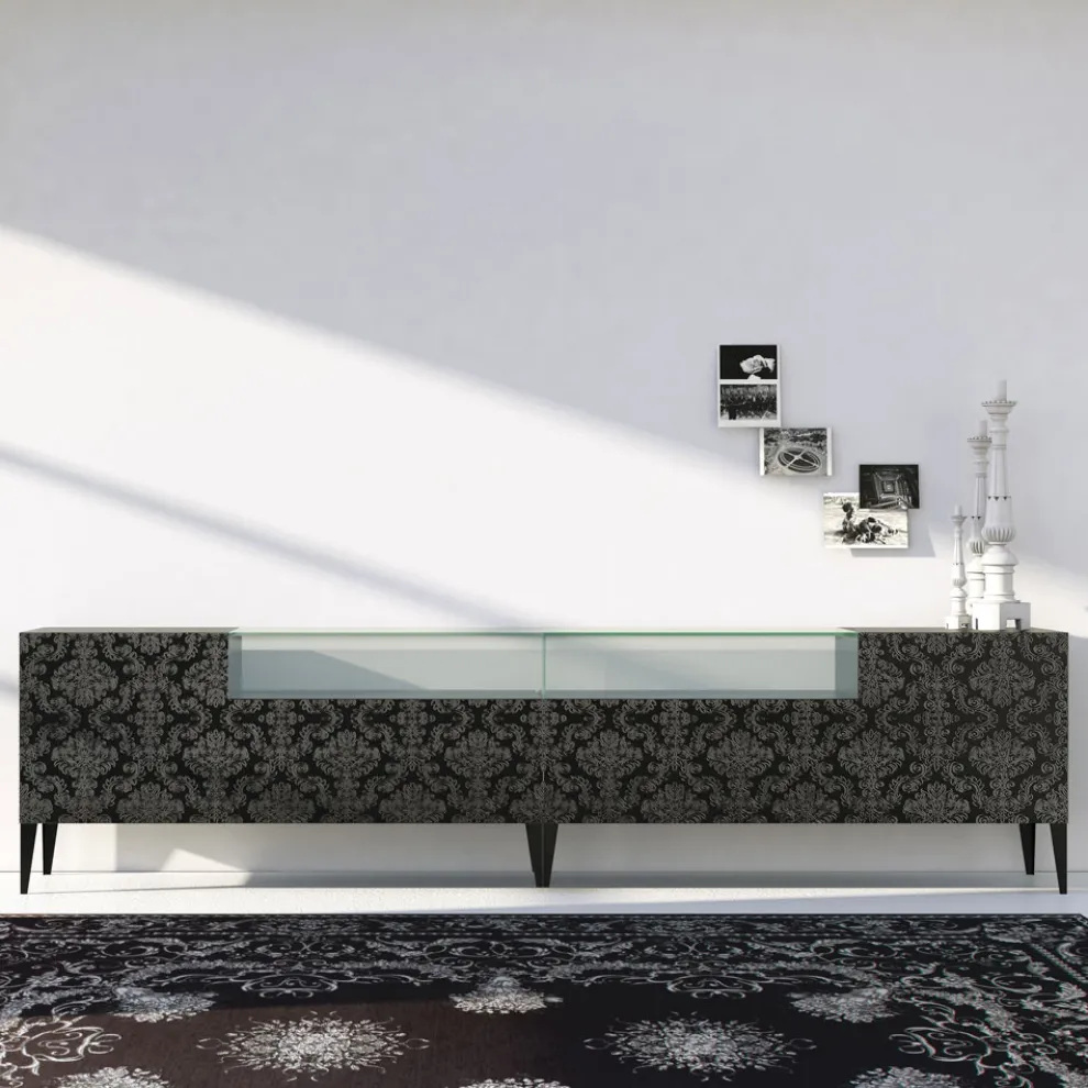 Sideboard aus schwarzem MDF mit Glaskasten und verzierten Türen Made in Italy - Marissa